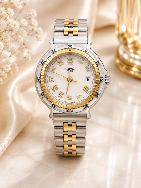Hermes Accessories - Authentic Hermès Clipper Two-Tone Gold & Silver Quartz Watch Date Women's Luxury